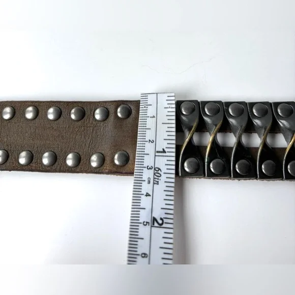 Vintage Brown Leather Heavy Metal Hardware Studded Grunge Biker Streetwear Belt - Picture 12 of 13